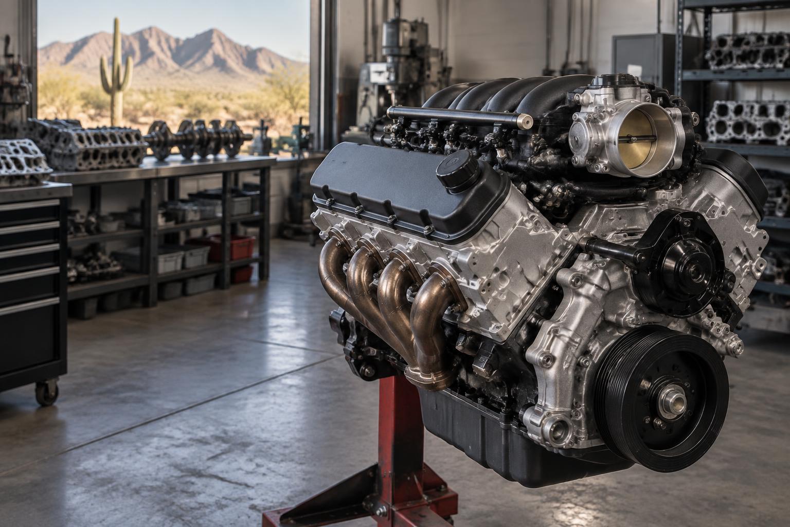 Remanufactured truck engine in an Arizona workshop